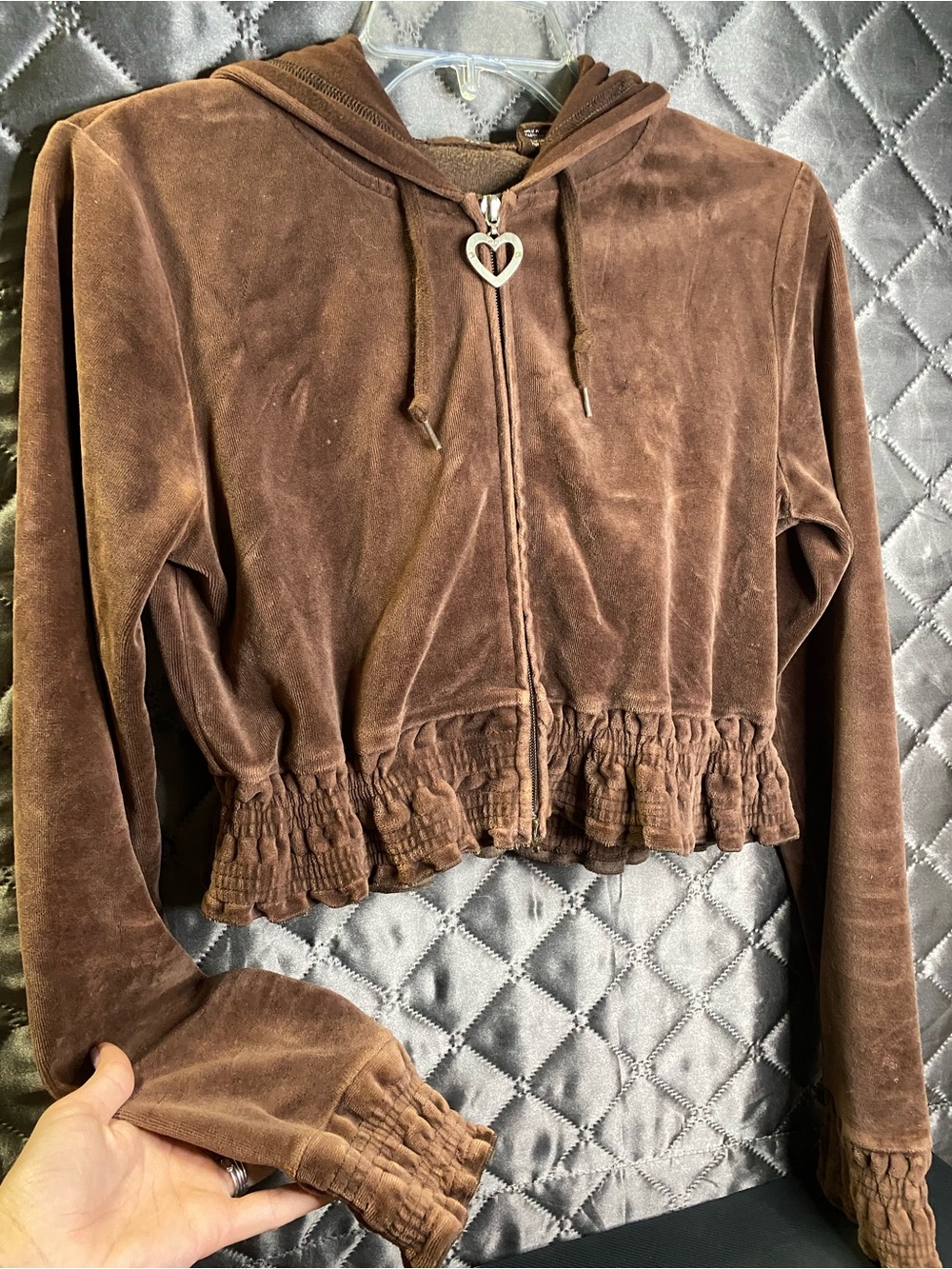 VTG Y2K SPY-C Brown Velour Cropped Hoodie Smocked Ruched Heart Zip large (medium